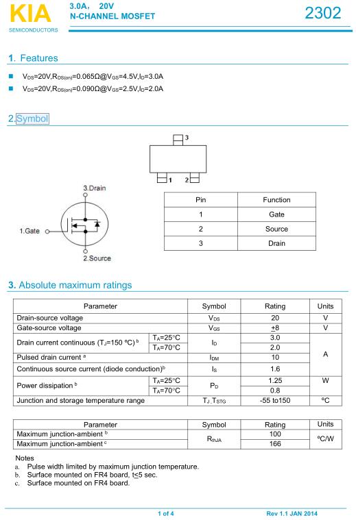 N溝道m(xù)os管 KIA2302 3A20V