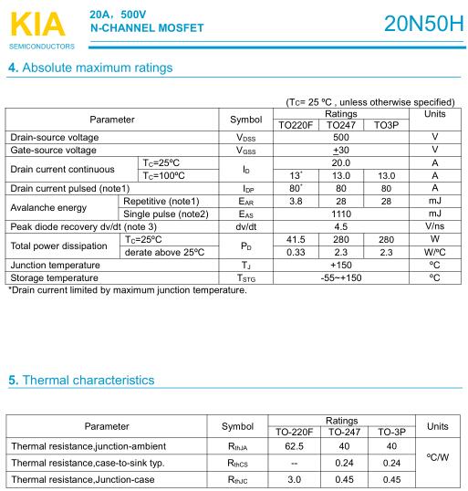 KIA20N50H,20A/ 500V,MOS管