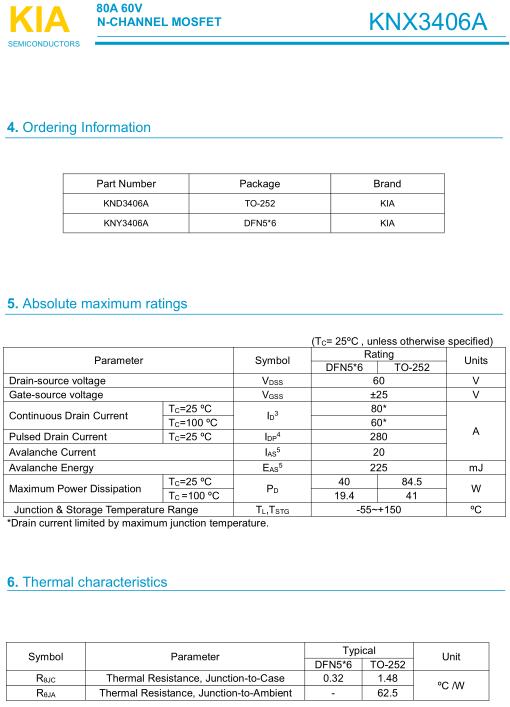 MOS管 KNX3406A 80A/60V原廠正品-MOS管封裝|規(guī)格書|價格-KIA MOS管