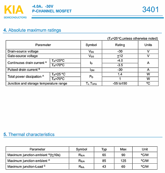 MOS管，KIA3401，-30V-4.0A