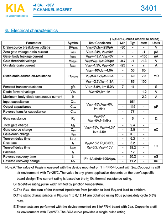 MOS管，KIA3401，-30V-4.0A