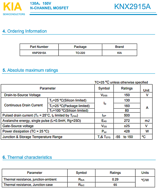 MOS管，KNP2915A參數(shù)規(guī)格，150V130A