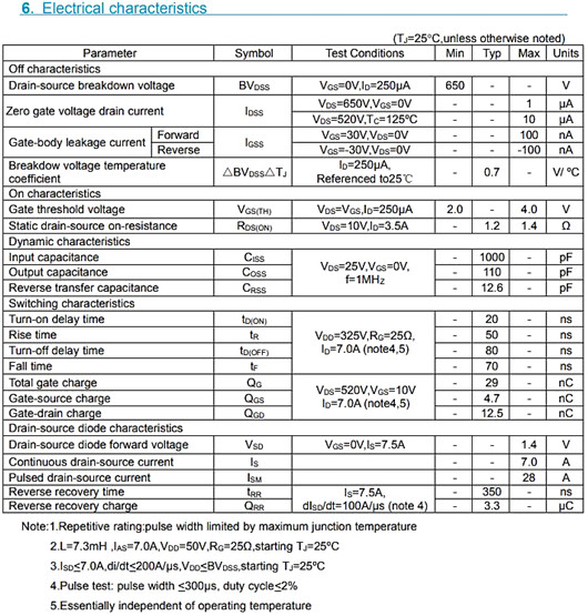 650V7A MOS管資料 KIA7N65H參數