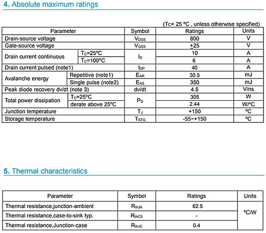 MOS管KIA10N80H 800V10A規(guī)格參數(shù)