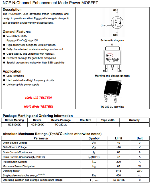 NCE4060K替代KND3504A MOS管40V70A